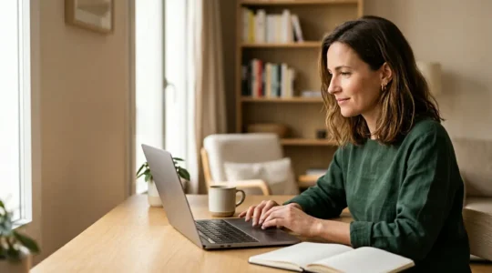 Un consommateur français naviguant sur un site e-commerce sur un ordinateur portable avec une expression rassurée