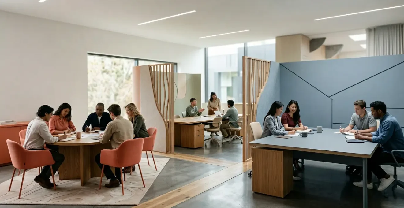 Espace de travail collaboratif moderne avec trois zones distinctes représentant les différentes plateformes communautaires