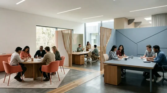 Espace de travail collaboratif moderne avec trois zones distinctes représentant les différentes plateformes communautaires