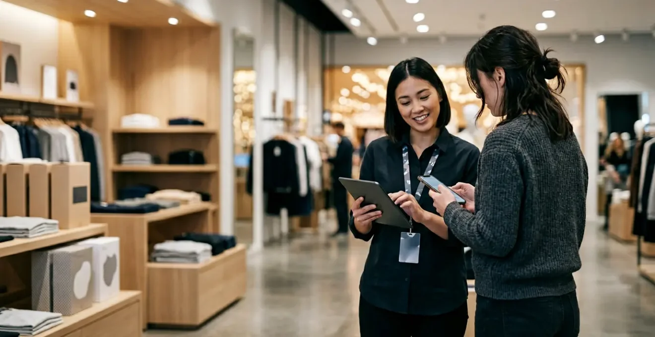 Client dans un magasin moderne utilisant son smartphone tandis qu'un vendeur consulte une tablette