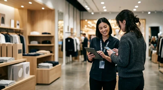 Client dans un magasin moderne utilisant son smartphone tandis qu'un vendeur consulte une tablette