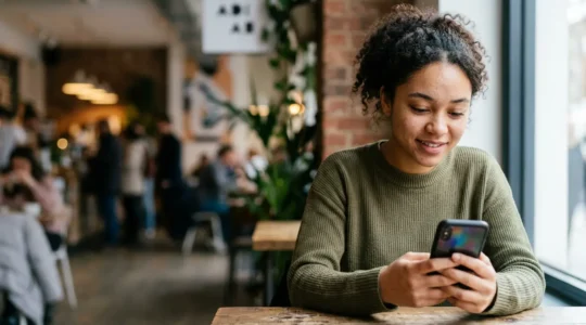 Jeune personne de la generation Z interagissant authentiquement avec du contenu de marque sur smartphone