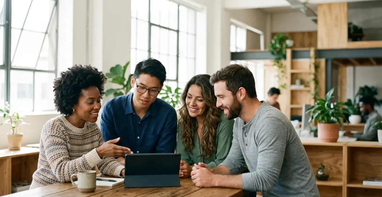 Formation continue en entreprise avec collaboration d'équipe sur outils digitaux