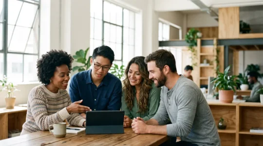Formation continue en entreprise avec collaboration d'équipe sur outils digitaux