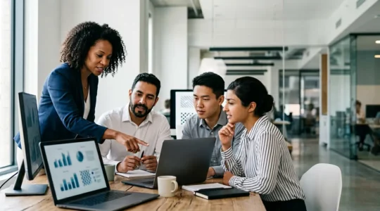 Équipe commerciale analysant des données de leads qualifiés sur tableau de bord digital