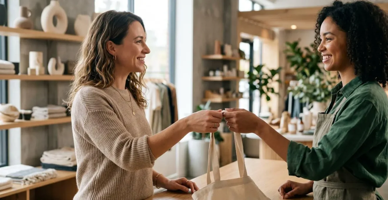 Interaction humaine authentique entre vendeur et client dans un environnement commercial moderne