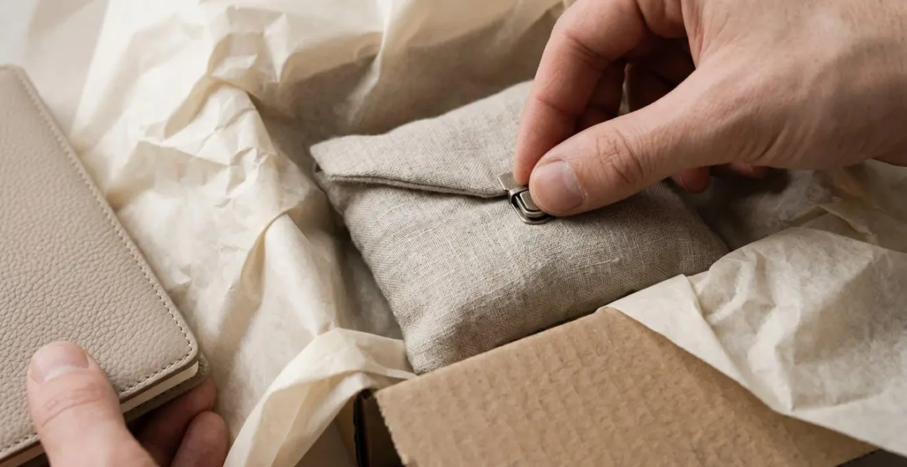 Vue macro sur des mains disposant soigneusement des produits dans un colis avec du papier de soie