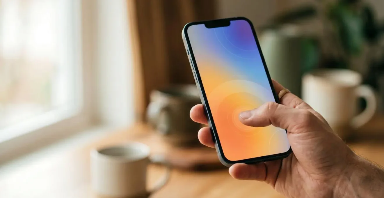 Main tenant un smartphone illustrant la zone d'atteinte confortable du pouce sur l'écran