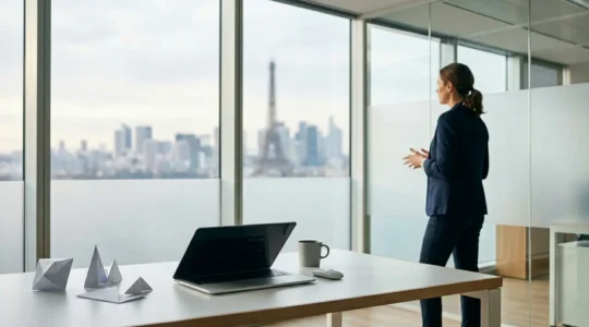 Professionnel travaillant sur stratégie publicitaire digitale dans environnement professionnel moderne