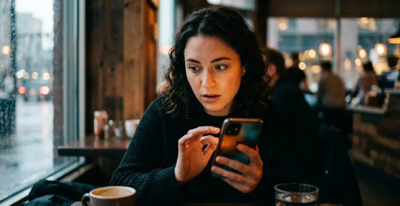 Instant décisif capturant l'attention d'un utilisateur de réseaux sociaux face à une publicité percutante