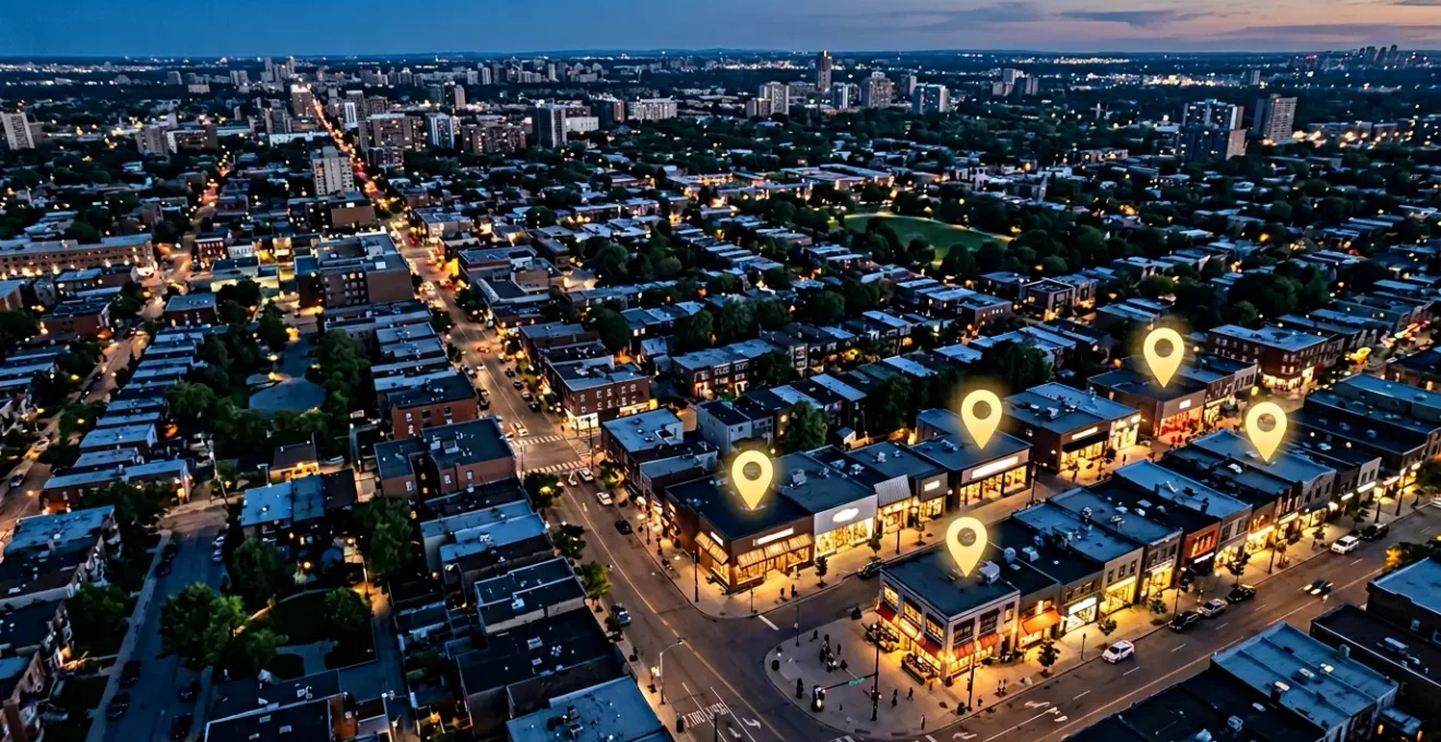 Carte interactive montrant des points de vente géolocalisés avec des signaux de recherche locale