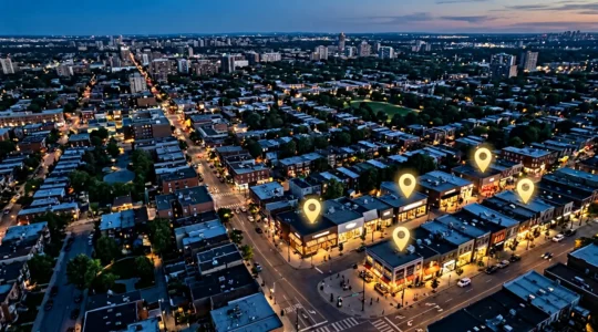 Carte interactive montrant des points de vente géolocalisés avec des signaux de recherche locale