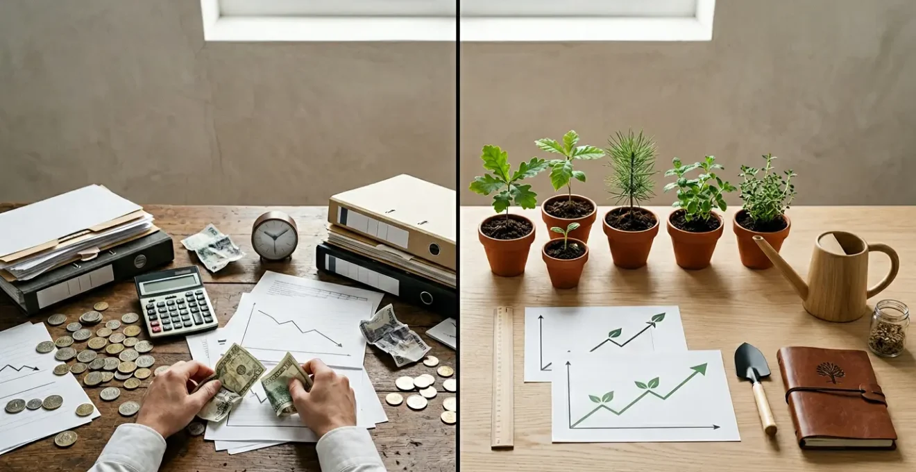 Concept visuel illustrant la tension entre optimisation court-terme et vision long-terme en marketing digital