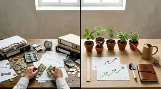 Concept visuel illustrant la tension entre optimisation court-terme et vision long-terme en marketing digital
