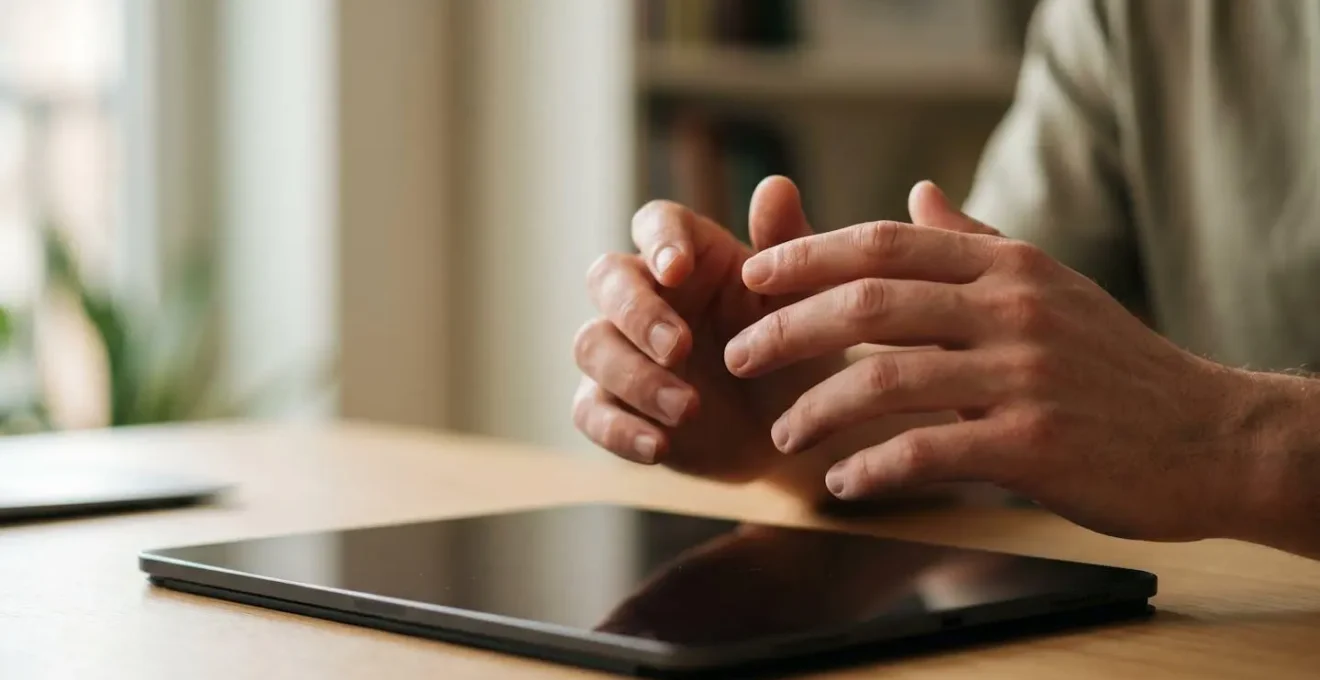Gros plan sur des mains interagissant avec un formulaire simplifié sur tablette