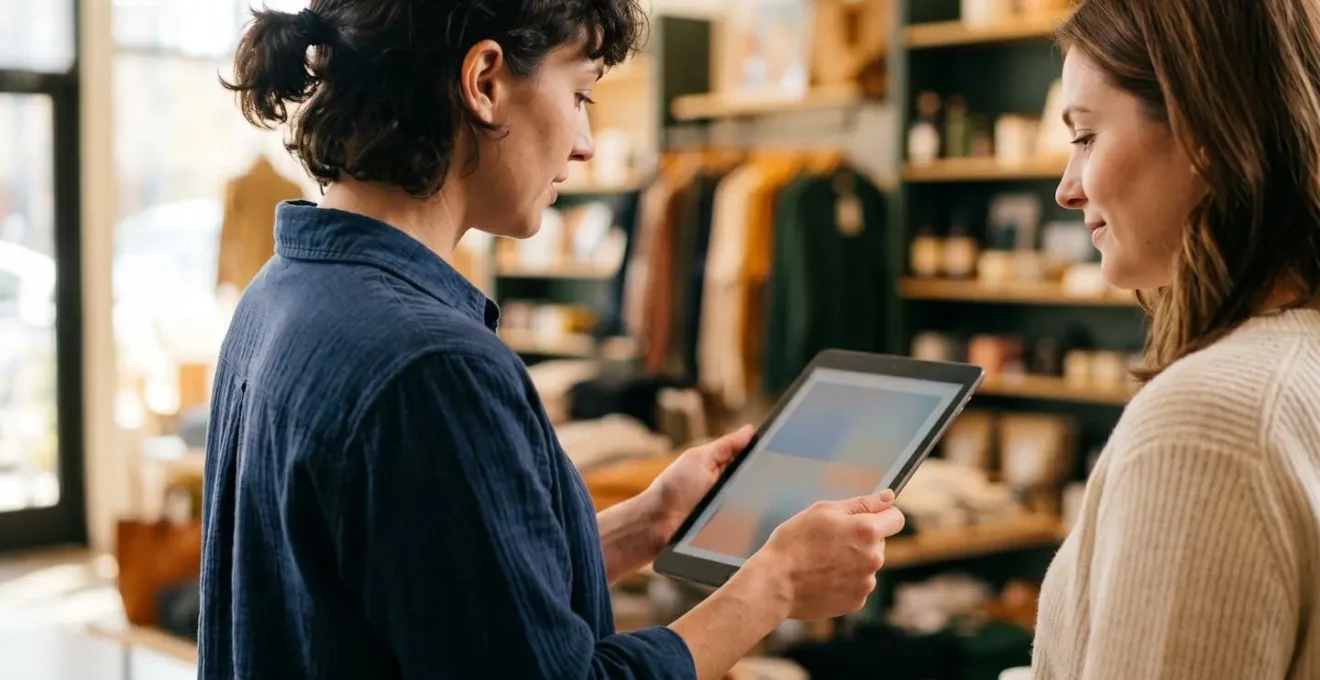 Vendeur en magasin utilisant une tablette pour conseiller un client, vue de côté