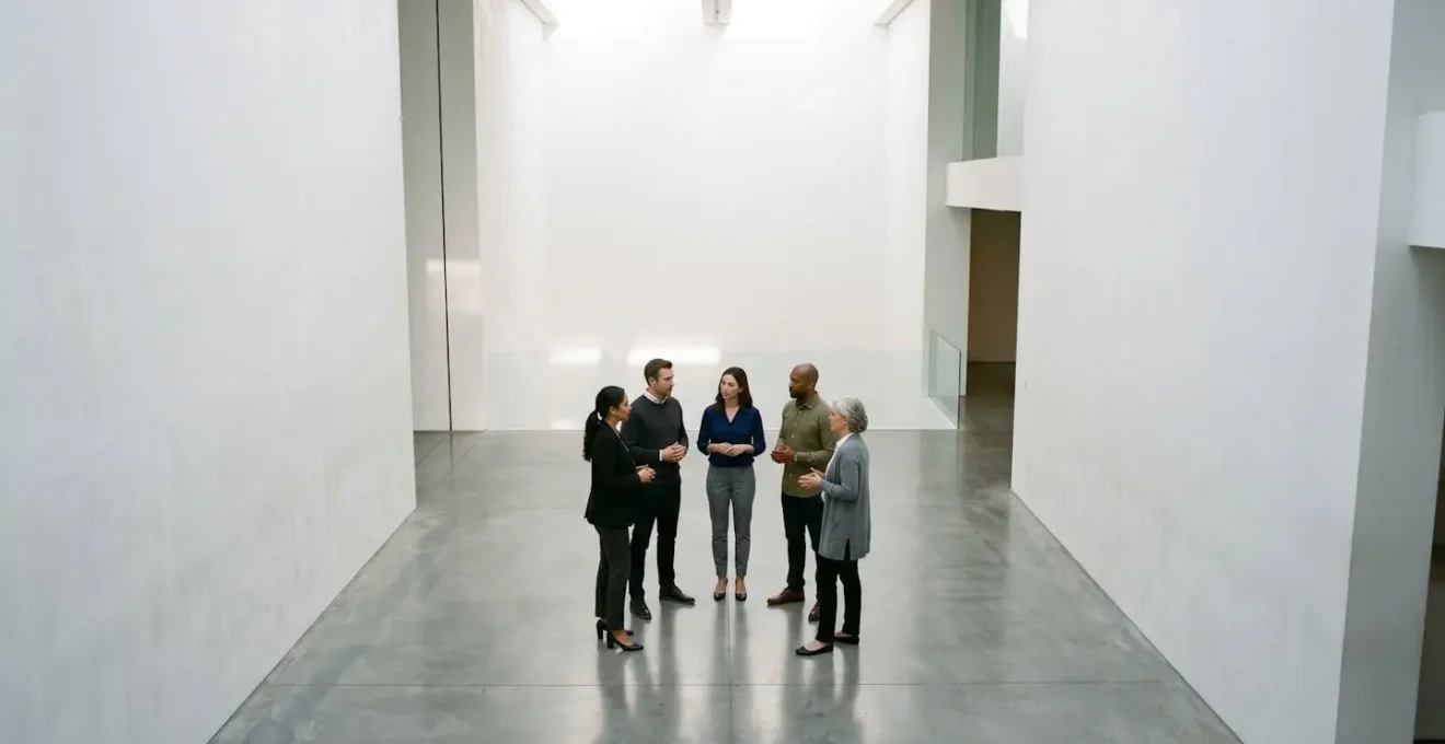 Groupe restreint de personnes en cercle rapproché dans espace lumineux minimaliste symbolisant communauté engagée