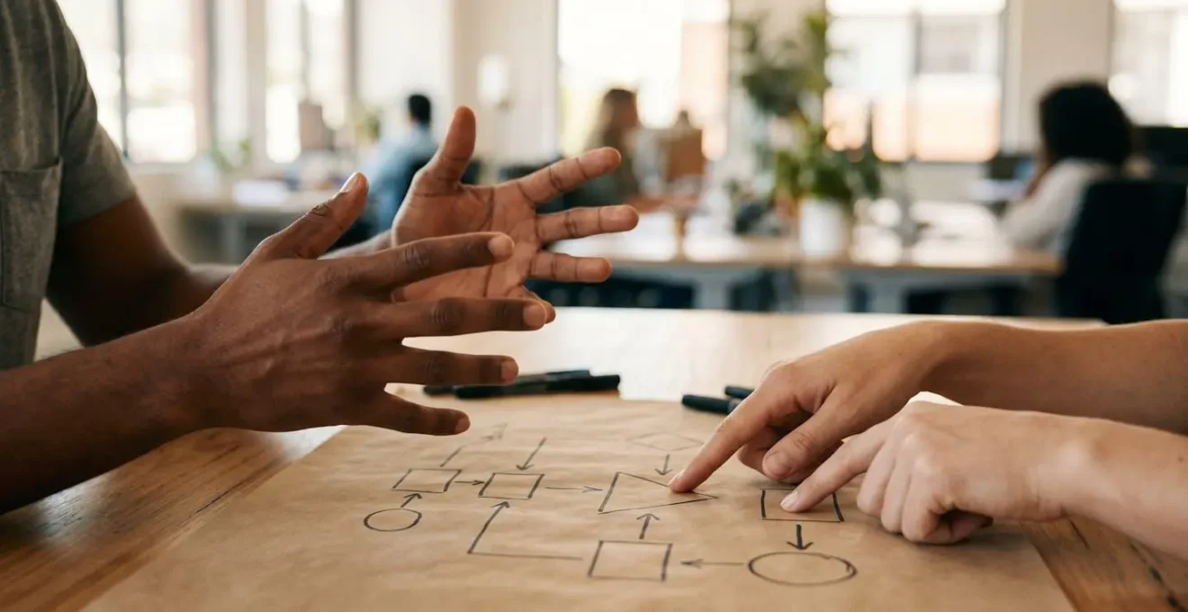 Représentation visuelle de la collaboration entre équipes marketing et technique pour évaluer la complexité d'un projet.