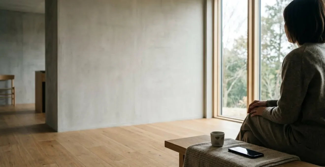 Vue environnementale minimaliste montrant un espace de consommation mobile avec lumière naturelle et composition épurée