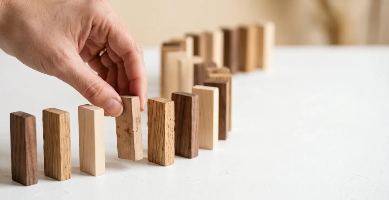 Concept visuel d'itération rapide et de test marketing agile, représenté par une main plaçant des dominos.